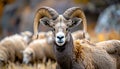 Close up of an alert big horn ram with ewes in the background Royalty Free Stock Photo