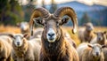 Close up of an alert big horn ram with ewes in the background Royalty Free Stock Photo