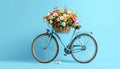 A bicycle with a basket of beautiful flowers on a light blue background. Royalty Free Stock Photo