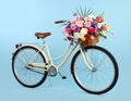 A bicycle with a basket of beautiful flowers on a light blue background. Royalty Free Stock Photo