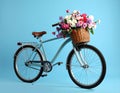 A bicycle with a basket of beautiful flowers on a light blue background. Royalty Free Stock Photo