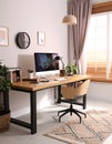 Room interior with comfortable workplace. Modern computer on wooden desk Royalty Free Stock Photo