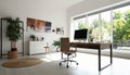 Room interior with comfortable workplace. Modern computer on wooden desk Royalty Free Stock Photo