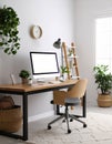 Room interior with comfortable workplace. Modern computer on wooden desk Royalty Free Stock Photo
