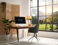 Room interior with comfortable workplace. Modern computer on wooden desk Royalty Free Stock Photo