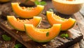 Delicious melon slices on a wooden table, closing Royalty Free Stock Photo