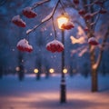 Snow-covered red berries hang from a tree branch, illuminated by a street lamp Royalty Free Stock Photo