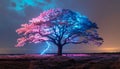 Enchanted Tree Under Lightning Storm with Dual-Colored Foliage Royalty Free Stock Photo