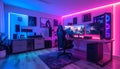 Gamer room battlestation with powerful PC setup and neon lights. Futuristic esports and streaming interior with RGB ligh Royalty Free Stock Photo