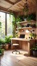 Biophilic home office design with green plants. Cozy wooden workspace interior for remote work, focus, and wellness. Royalty Free Stock Photo