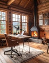 Rustic log cabin home office with fireplace, podcast setup, and forest view. Royalty Free Stock Photo