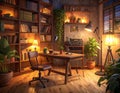 Cozy study room with bookcase and warm lighting. Vintage home office interior for reading and work at night. Royalty Free Stock Photo