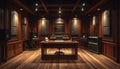Professional Recording Studio Control Room with Luxury Wooden Interior and Audio Equipment. Royalty Free Stock Photo
