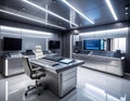 Futuristic recording studio with modern mixing console. High-tech music production and sound engineering room interior. Royalty Free Stock Photo