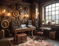 Steampunk music studio with vintage synthesizers and gear wall. Industrial workshop interior for sound design. Royalty Free Stock Photo