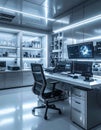 Futuristic laboratory with high-tech computer workstation. Modern science research or cybersecurity command center inter Royalty Free Stock Photo