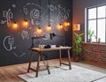 Podcast studio creative workspace with microphones on desk. Modern home office with industrial loft interior and chalk w Royalty Free Stock Photo