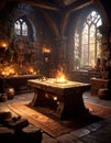 Fantasy Wizard's Workshop Ancient Alchemist Lab with Magic Fire, Stone Walls, and Candlelight Royalty Free Stock Photo