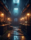 Steampunk Laboratory Workshop Dark industrial interior with vintage sci-fi technology and pipes. Royalty Free Stock Photo
