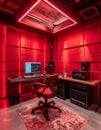 Professional Music Studio with Red Neon Lights and Audio Production Equipment Royalty Free Stock Photo
