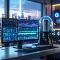 Futuristic audio recording and data analysis workstation with microphone and city skyline view. Royalty Free Stock Photo