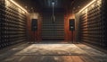 Recording studio background with soundproof acoustic foam walls, microphone, and speakers. Professional audio room inter Royalty Free Stock Photo