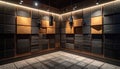 Soundproof vocal booth in a modern recording studio with professional microphones and acoustic treatment. Royalty Free Stock Photo