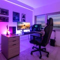 Gaming setup with purple LED lighting in a modern room. Professional gamer battle station with a powerful PC for streami Royalty Free Stock Photo