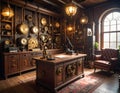 Steampunk office interior with vintage industrial machinery, gears, and desk. Royalty Free Stock Photo