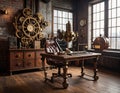 Steampunk office interior with vintage desk and clockwork gears. Retro industrial workspace in a Victorian-style room. Royalty Free Stock Photo