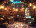 Magical fantasy library with a celestial skylight, vintage books, and cozy glowing lights. Royalty Free Stock Photo