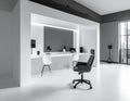 Professional podcast studio in a modern minimalist interior. Black and white high-tech workspace with audio equipment. Royalty Free Stock Photo