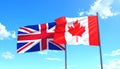 Great Britain and Canada, two flags waving against blue sky. 3d image Royalty Free Stock Photo