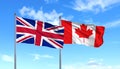Great Britain and Canada, two flags waving against blue sky. 3d image Royalty Free Stock Photo