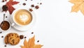 Calm autumn background with composition of coffee, biscuits and spicas on white, copy Royalty Free Stock Photo