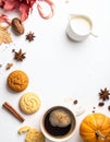 Calm autumn background with composition of coffee, biscuits and spicas on white, copy Royalty Free Stock Photo
