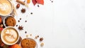 Calm autumn background with composition of coffee, biscuits and spicas on white, copy Royalty Free Stock Photo