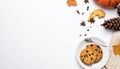 Calm autumn background with composition of coffee, biscuits and spicas on white, copy Royalty Free Stock Photo