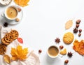 Calm autumn background with composition of coffee, biscuits and spicas on white, copy Royalty Free Stock Photo