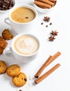 Calm autumn background with composition of coffee, biscuits and spicas on white, copy Royalty Free Stock Photo