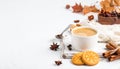 Calm autumn background with composition of coffee, biscuits and spicas on white, copy Royalty Free Stock Photo