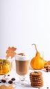 Calm autumn background with composition of coffee, biscuits and spicas on white, copy Royalty Free Stock Photo