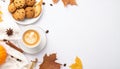 Calm autumn background with composition of coffee, biscuits and spicas on white, copy Royalty Free Stock Photo
