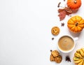 Calm autumn background with composition of coffee, biscuits and spicas on white, copy Royalty Free Stock Photo