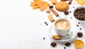 Calm autumn background with composition of coffee, biscuits and spicas on white, copy Royalty Free Stock Photo