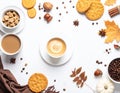 Calm autumn background with composition of coffee, biscuits and spicas on white, copy Royalty Free Stock Photo