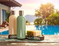 Two bottles of shampoo and handmade soap on old small vintage painted table near Royalty Free Stock Photo