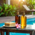 Two bottles of shampoo and handmade soap on old small vintage painted table near Royalty Free Stock Photo