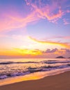 Dramatic sunrise sky and summer beach. Sunset sea background, vintage filter effect Royalty Free Stock Photo