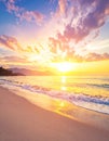 Dramatic sunrise sky and summer beach. Sunset sea background, vintage filter effect Royalty Free Stock Photo
